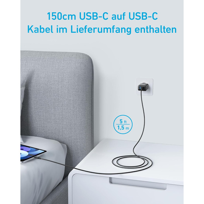 Зарядний пристрій Anker 20W USB-C, адаптер живлення для iPad, швидка зарядка, сумісний з iPhone 17/16/15, кабель USB-C (150см), чорний