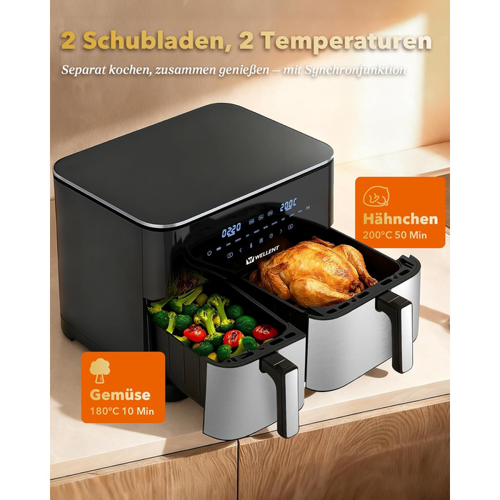 Фритюрниця повітряна WELLENT 2 камери, 2600W, 11л (4+7л) з сенсорним екраном, 10 функцій, для дому