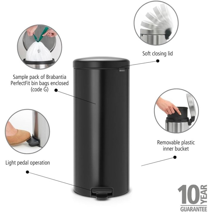 Відро Brabantia Treteimer 30л, матове чорне, з внутрішнім відром з пластику та сталі