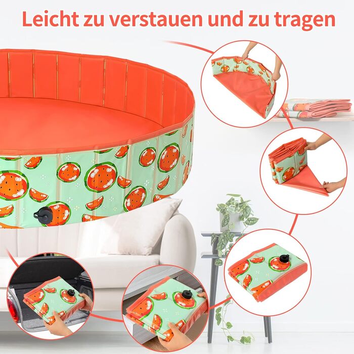 Басейн для собак Demigreat, 80/120/160 см, складаний, PVC, для великих та малих собак, (M: 120x30 см, кавун)