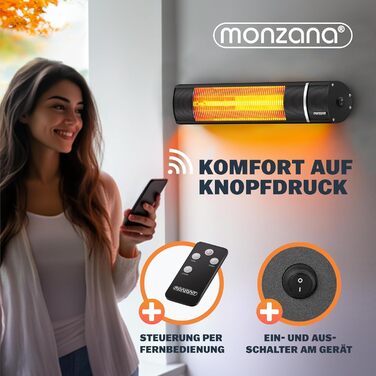 Інфрачервовий обігрівач MONZANA® MZH2000 з золотою трубкою, 3 режими, пульт дистанційного керування, кут нахилу 90°, для вулиці, тераси, 2000W