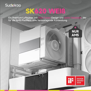 Кулер для процесора Sudokoo SK620 White (AM5): двосекційний повітряний охолоджувач з цифровим дисплеєм, 6 теплотрубками та 2 вентиляторами PWM FDB 120мм, білий