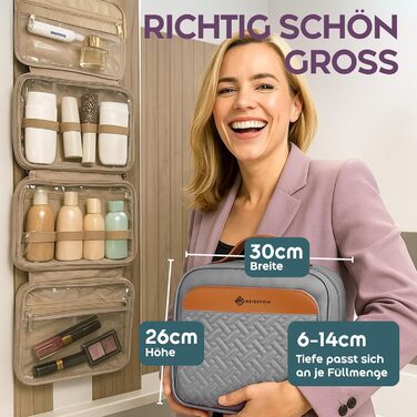 Косметичка для жінок велика 3-в-1 з гачком для підвішування, 4 відділення, відділення для прикрас та косметичка – практична дорожня косметичка сірого кольору