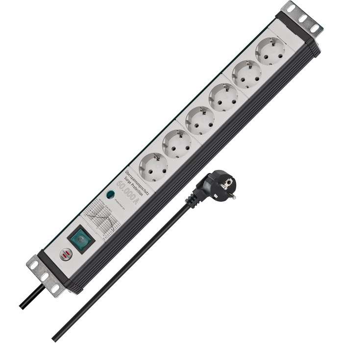 Бренненштуль Преміум-лайн: мережевий фільтр 6 розеток з захистом від перенапруги 60 000 A (19' формат, кабель 3м, з вимикачем, Made in Germany), чорний/сірий, захист від ураження електричним струмом 60 000 A
