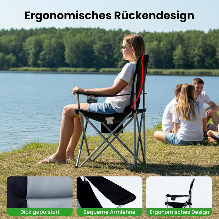 Кемпінговий стілець розкладний (до 200 кг) з подушкою 6 см - великий стілець для риболовлі, кемпінгу, саду та фестивалів. Міцний стілець з бічними кишенями та сумкою для транспортування (чорно-сірий, поодинокий)