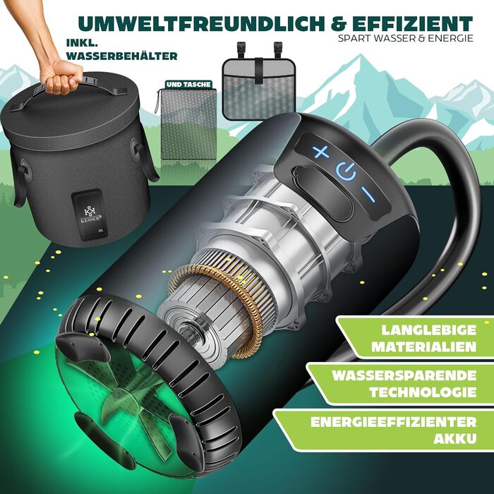 Сонячний душ KESSER® з насосом та акумулятором 8000mAh, 20л, комплект | Душ для кемпінгу з регульованим душем, шлангом 2м, пістолетом-розпилювачем та кріпленням