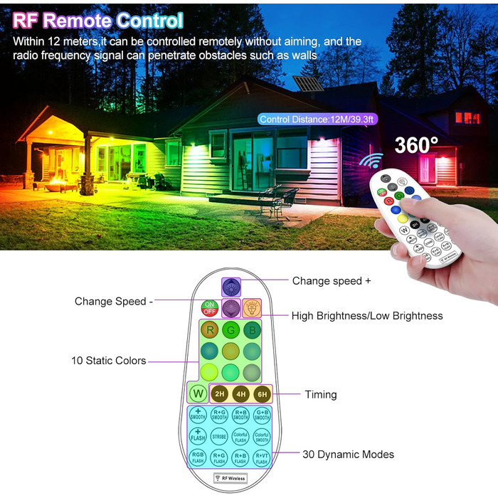 CLY Solar Lights for Outdoors, Solar Spotlights RGB Garden Lights with Remote Control IP66 Waterproof 10 Colors 30 Dynamic Modes Timer Garden Lighting for Gardens Path Christmas Decoration 6 Pack