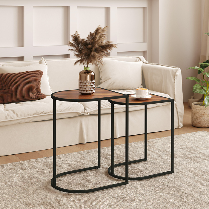 HOMCOM 2-Piece Couch Table Set, Square Side Table, Coffee Table with Steel Frame, Stackable Sofa Table, for Living Room, Holds up to 20 kg, Brown+Black | Aosom