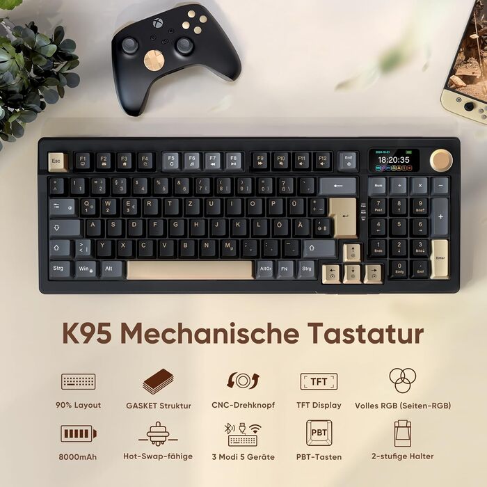 RedThunder K95 Бездротова Механічна Ігрова Клавіатура з Дисплеєм 1,88” та Кнопкою, QWERTZ, 96 Клавіш, Gasket, BT/USB-C/2.4GHz, Hot-swap, Лінійні Pink-світчі, RGB, PBT-клавіші, 8000mAh, Чорно-золота