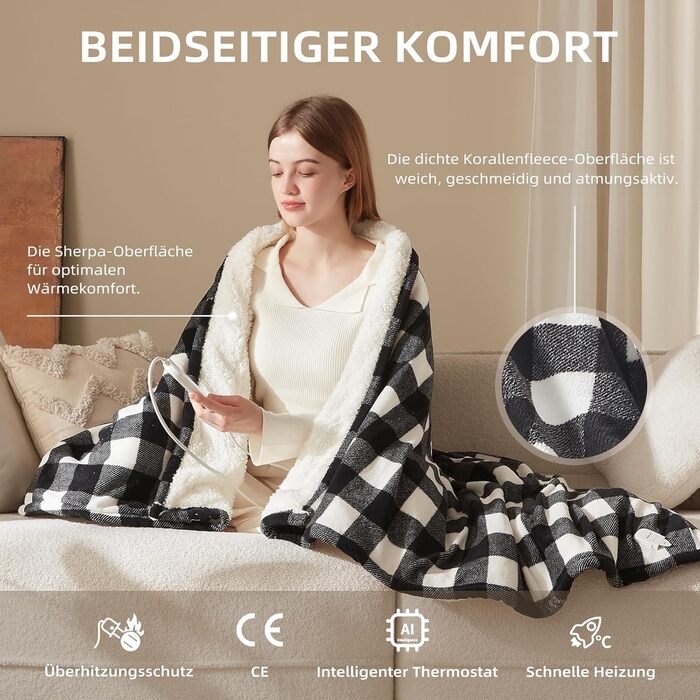 Електрична ковдра з підігрівом 130x180 см з таймером та захистом від перегріву. 9 рівнів нагріву, функція пам'яті. Для спальні, офісу. Чорно-білий візерунок.