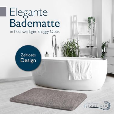 Beautissu Non-Slip Bath Mat - 120x70 cm - Plush Shaggy Rug for Bathroom - Washable, Grey - BeauMare FL