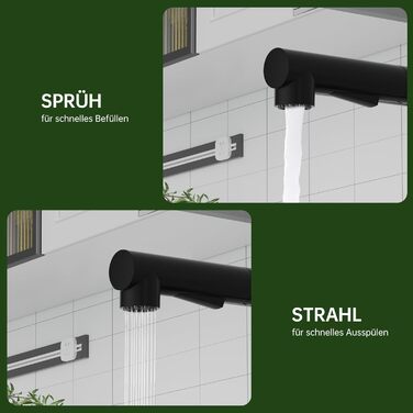 Змішувач кухонний DAYONE з висувною лійкою, нержавіюча сталь, 3 режими, поворотний на 360°, для кухонної мийки (15 см), матовий чорний