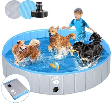 Dog pool swimming pool Ø for dogs, children's paddling pool, or other animals. Reinforced strength 5mm, portable and foldable - gray (160cm)