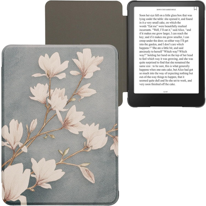 Чохол-книжка kwmobile для Amazon Kindle Paperwhite (2024)/Colorsoft: Захисний чохол з квітковим дизайном, магнітний замок, блакитно-червоно-білий колір, Magnolien Taupe Weiß, Blaugrau