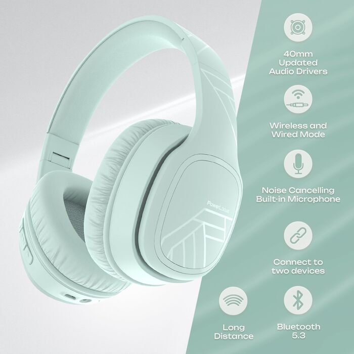PowerLocus P7 Bluetooth навушники Over-Ear, складані, бездротові з басами, Hi-Fi стерео, з функцією гучного зв'язку, USB-C зарядка та тривалий час роботи для iPhone/PC/TV (М'ятний колір)