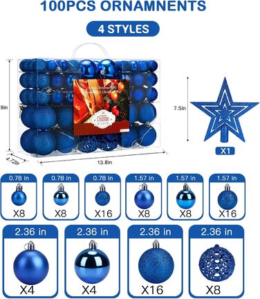 101 шт. блакитні ялинкові кулі Aitsite 6см/4см/2см, пластикові прикраси для ялинки, декор для дому, свята