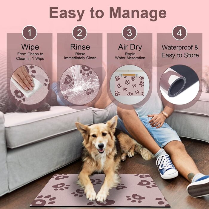 Килимок під миску для собак BLESWIN, 30 x 50 см, вбираючий, антиковзкий, для цуценят, рожевий