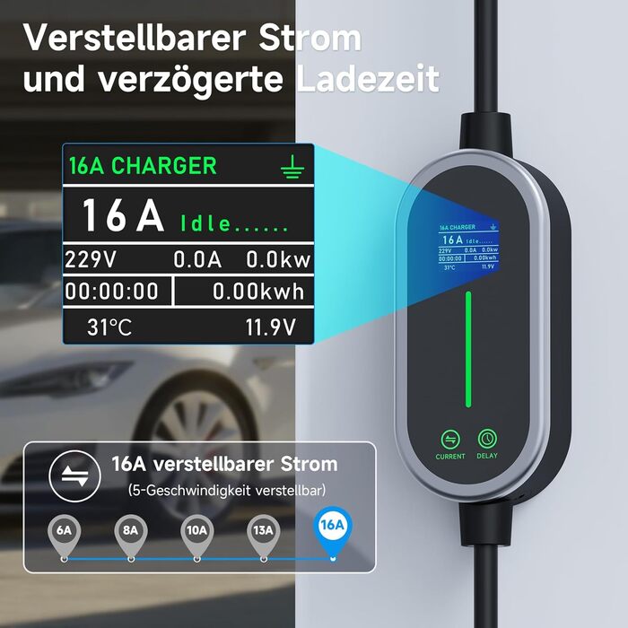 Кабель для зарядки електромобіля Type 2, 3.6 кВт, 8 м, 6-16A, 1 фаза, з цифровим дисплеєм, IP65, для EV/PHEV