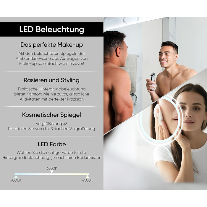 Дзеркало для ванної кімнати Artforma з підсвічуванням, 120x70 см, без рами, сучасний дизайн, виготовлення на замовлення