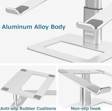 Підставка для ноутбука GOKEDA, ергономічна регульована, з алюмінієвого сплаву, сумісна з MacBook, Dell, HP, Lenovo, Samsung (11-17 дюймів), срібна