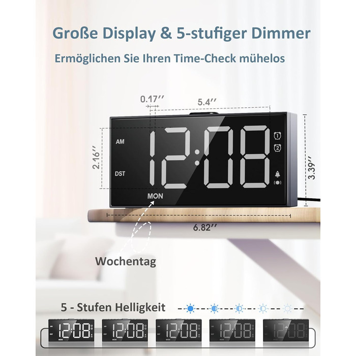 Digital Alarm Clock, Loud Vibration Alarm with Bed Shaker, Loud Alarm for Deep Sleepers, Large Display, Adjustable Volume & Brightness, Dual Alarm, Snooze, USB Charger, Easy Operation
