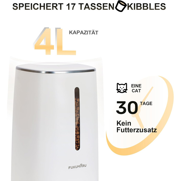 Автоматичний годівниця для котів FUKUMARU з Wi-Fi, 4L, з двома мисками, програмуванням часу, акумулятор та живлення від мережі, білий колір