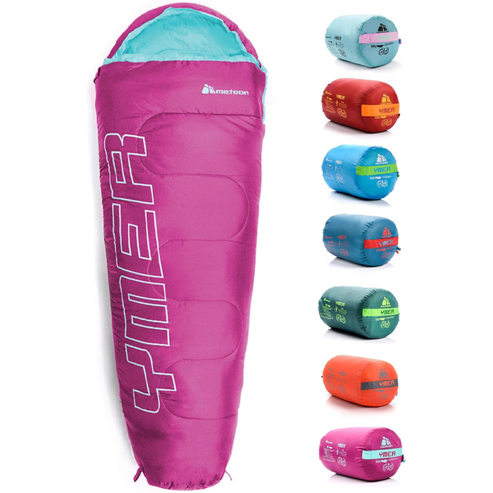 Дитячий спальний мішок Meteor Premium Kinder: літній, ультралегкий, для кемпінгу та відпочинку на природі. Кольори: темно-зелений/зелений, фуксія/м'ята.