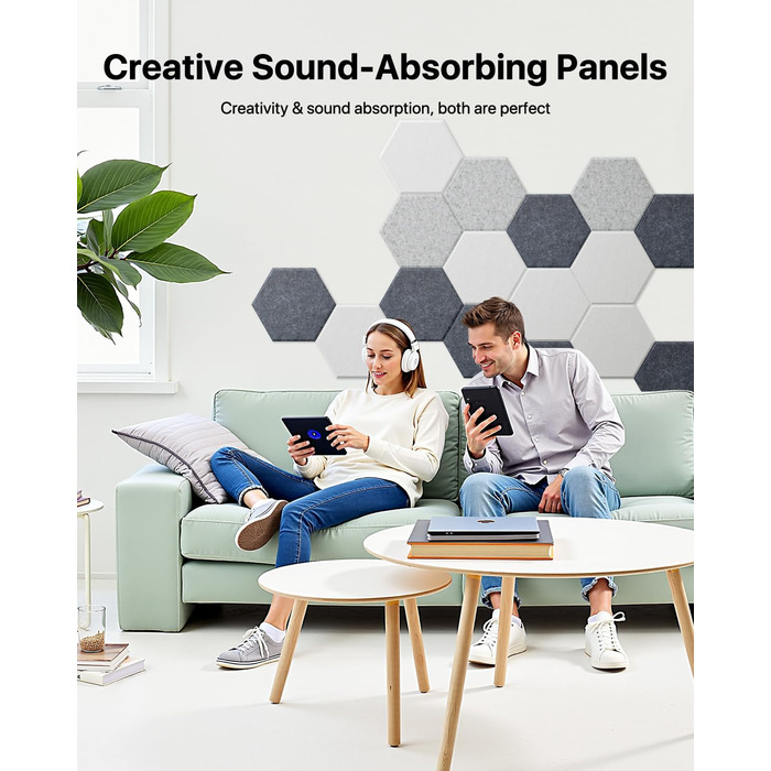 Акустичні гексагональні панелі Soundsbay для звукоізоляції стін та стелі, шумопоглинаючий спінений матеріал, бежевий, 30.5 x 25.4 x 1 см, 18 шт