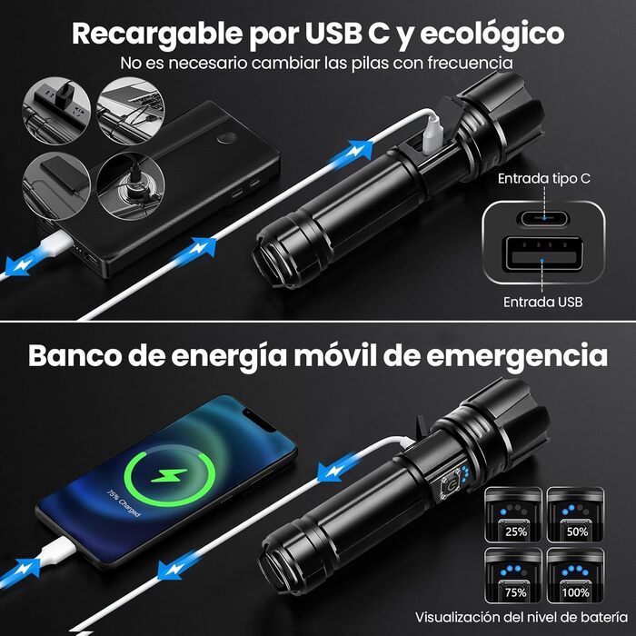 Потужний ліхтарик LED - 1000000 люмен, акумулятор 5000 mAh, IP67 водонепроникний, 5 режимів, для кемпінгу/походів/відпочинку на природі/надзвичайних ситуацій