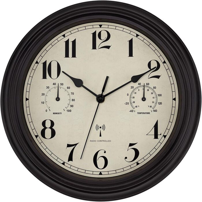 Foxtop Funk Wall Clock, Indoor Outdoor Weatherproof Wall Clock with Temperature Display and Hygrometer, No Ticking Sounds Silent Retro Clock for Terrace Bathroom Kitchen Living Room Home Decor (Bronze, 30cm)