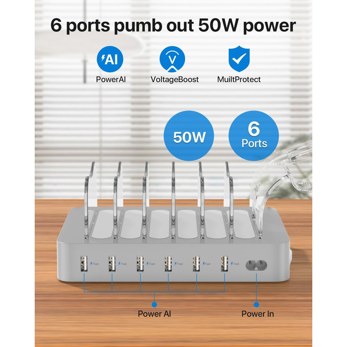 Зарядна станція SooPii USB, 6 портів 50W, з кабелями та тримачем для iWatch, біла (срібло)