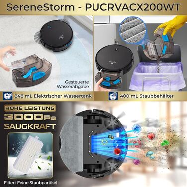 Робот-пилосос SereneLife 3-в-1 з функцією миття підлоги, з керуванням через додаток, для збору шерсті тварин та прибирання килимів (3000Pa, чорний)