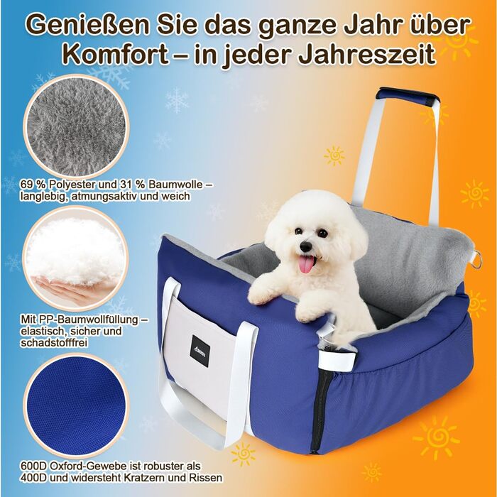 Автокрісло для собак 3-в-1 – переносна ліжко для маленьких собак, з розкладною поверхнею, м'яким матрацом, для переднього або заднього сидіння, внутрішнє та зовнішнє використання (04-Blau)