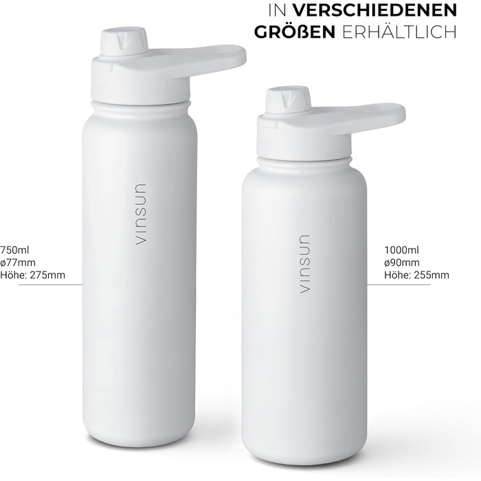 Stainless Steel Water Bottle 1L - Straw, Drinking Opening - Leak-Proof, Carbonated Drinks Safe, BPA Free - Thermos Bottle, Sports, Outdoor, School, University, Cycling, Hiking, Gym (750 ml, White)