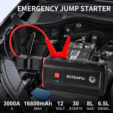 Powerbank для пуску автомобіля BOTEAIFIU Starthilfe 3000A: для бензинових двигунів до 8.0L, 12V, з LED-ліхтариком, для SUV, мотоциклів, ATV та газонокосарок