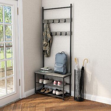 Mondeer Coat Rack, Shoe Rack with Coat Rack, 3 Shelves and 9 Removable Hooks, Industrial Design, Made of Metal and Wood, 70 x 32 x 175 cm, for Entryway, (Gray)