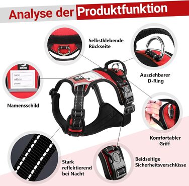 Нашийник для собак великих порід з ручкою, без обмеження грудної клітини, дихаючий, безпечний, світловідбиваючий, без поліуретану, для тренувань та активного відпочинку, Sti 2 Bau (L, червоний)