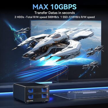 Корпус для жорстких дисків 10Gbps Dual Bay з алюмінію та вентилятором для 2.5/3.5 SATA HDD/SSD з USB A/C 3.2, Hot Swappable, Daisy Chain, DAS (без RAID/NAS)
