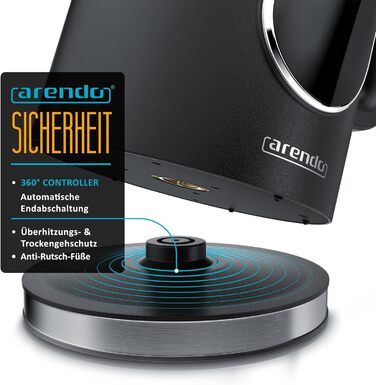 Електричний чайник Arendo з регулюванням температури, нержавіюча сталь, подвійні стінки Cool Touch, дисплей, бездротовий, 2200 Вт, 1.7л, захист від перегріву, функція підтримання тепла, чорний