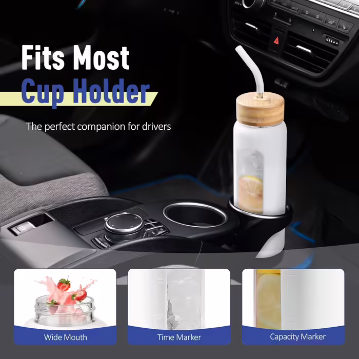 BLUEGO Glass Water Bottle - Sport Water Bottle with 2 Lids and Straw Leak-proof Glass Bottle with Time Marker and Measurement Scale BPA Free, (White, 700 ml)