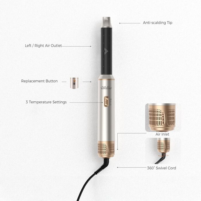 Мультистайлер для волосся 5 в 1 UKLISS Airstyler Pro 1000W: фен, кругла щітка для сушіння, завитки, випрямляч та гаряче повітря, сріблясто-золотий