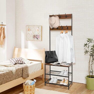 WOLTU Coat Rack Clothes Rack Laundry Rack Shoe Shelf with Seat, with 7 Hooks, Wood and Steel, Hanging Shelf, Black Vintage