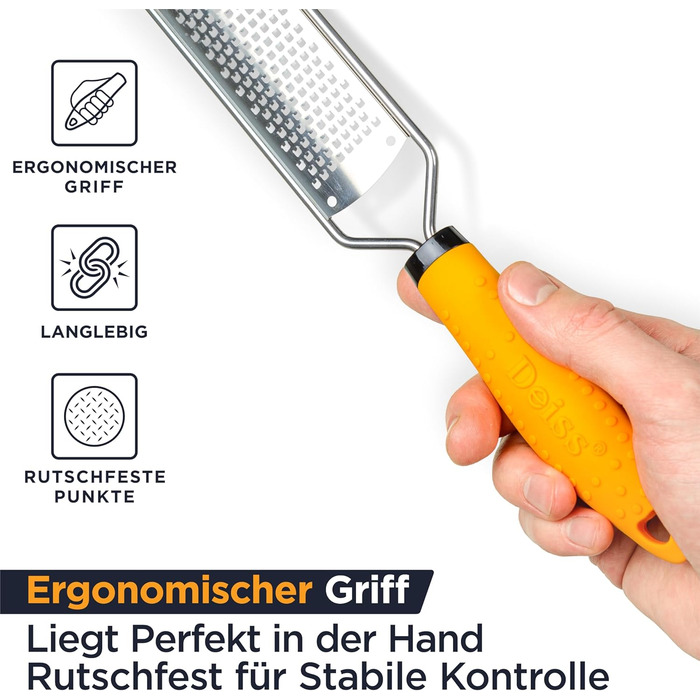 Терезка для сиру Deiss PRO: пармезан, лимон, імбир, часник, мускатний горіх, шоколад, овочі, фрукти. Ракільна сталева клинка, широка, придатна для миття в посудомийній машині