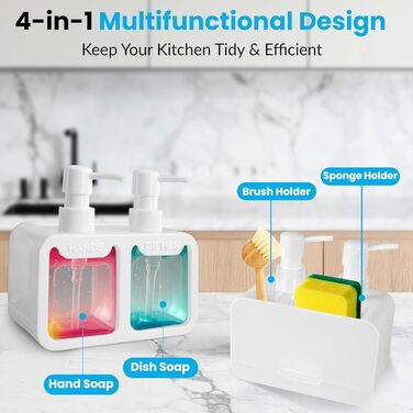 Набір диспенсерів для кухні: дозатор мийного засобу та рідкого мила з тримачем для губки та щітки - 4 в 1 органайзер для раковини (білий)