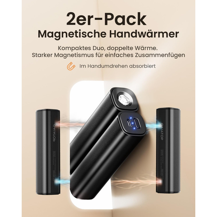 Електричний грієчка для рук Gaiatop 8000mAh з LED-ліхтариком, 2 шт. Магнітний, 3 температури, швидкий нагрів, для жінок, сім'ї, активного відпочинку, чорний