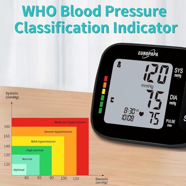 Тонометр EUROPAPA на плече для дому, вимірювання пульсу та артеріального тиску, велика манжета (22-42 см), 2 * 60 пам'ять, для 2 користувачів (чорний)