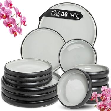 Moritz & Moritz SOLID UNI Dinnerware Set for 12 People Grey, 36-Piece - Modern Stoneware Dinner Set - Microwave & Dishwasher Safe, Dinnerware, Tableware, Combination Service for 12 People Grey Dinnerware Set (12 pcs)