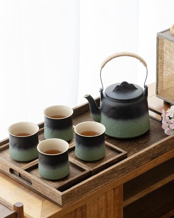 ZENS Design Japanese Teapot, 1000ml Gradient Embossed Japanese Teapot Ceramic with Built-in Strainer and Hemp Rope Handle for Loose Tea Steeper, Gift for Tea Lovers, Black & Bean Green (Black & Bean Green, 1000ml Teapot & 4 of 200ml Cups)