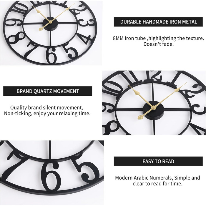 HAITANG Large Vintage Wall Clock, round, metal silent (no ticking), battery-powered, 40cm, 16 inch Roman numerals, clocks for living room, bedroom, kitchen wall clock decoration (Black Arabic numerals, 40 Cm)