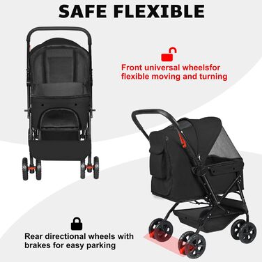 Візок для собак Wedyvko до 20 кг, 4 колеса, складаний, для маленьких та середніх собак та котів, з кошиком та тримачем для напоїв, чорний